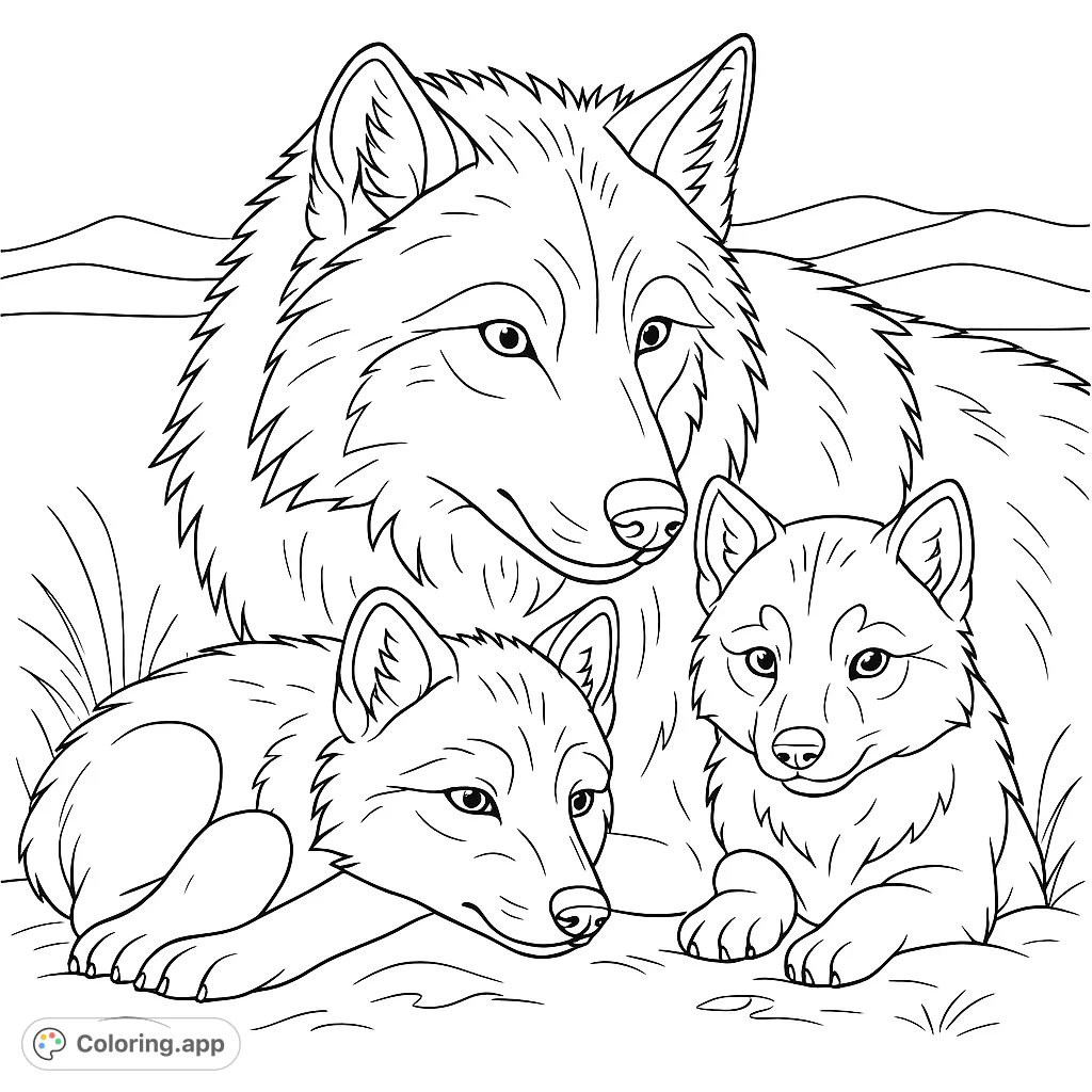 A heartwarming wolf family scene featuring a majestic adult wolf and two adorable pups. Perfect for nature lovers and animal enthusiasts.