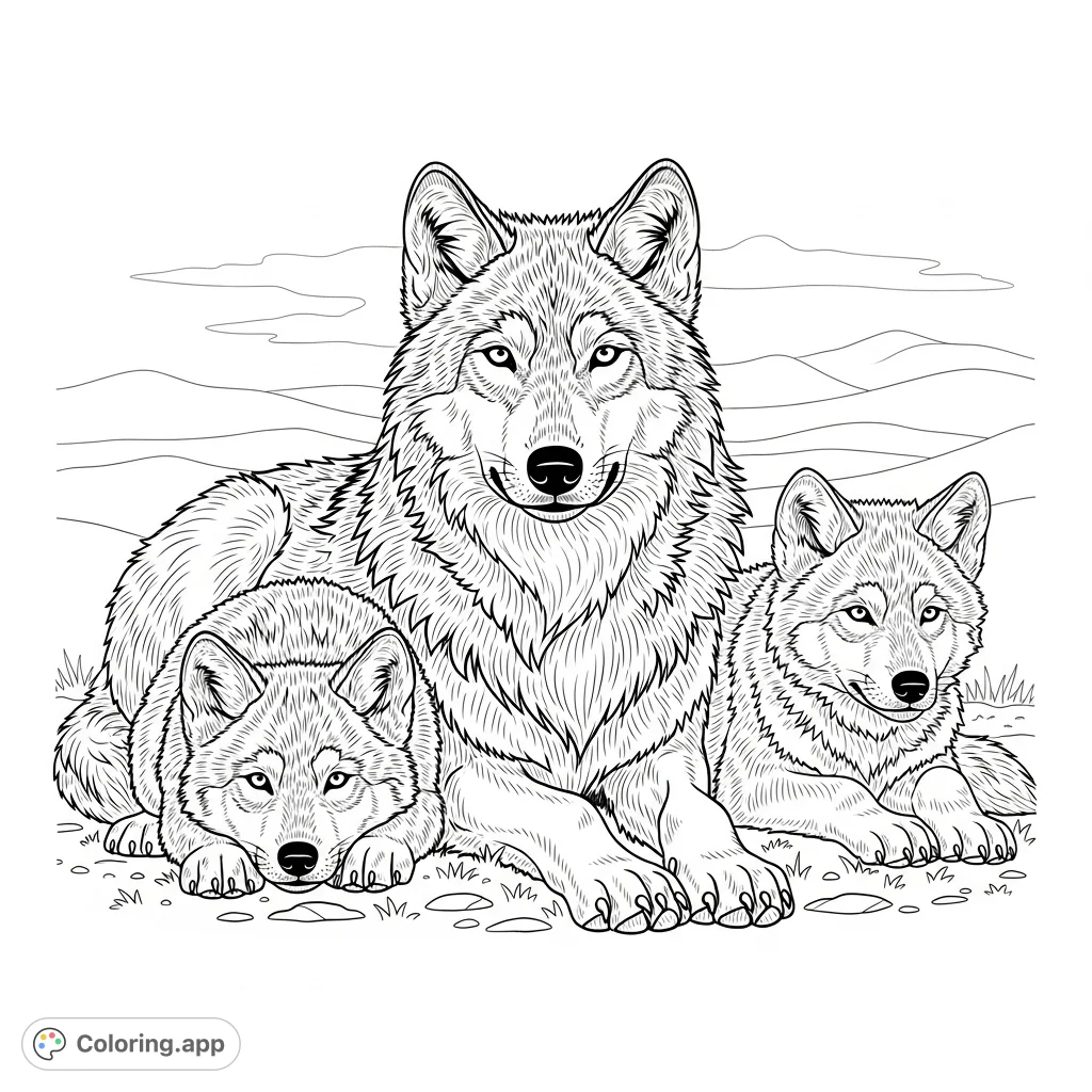 Discover a heartwarming wolf family coloring page featuring an adult wolf and two pups with intricate fur and a serene natural backdrop. Perfect for animal lovers.