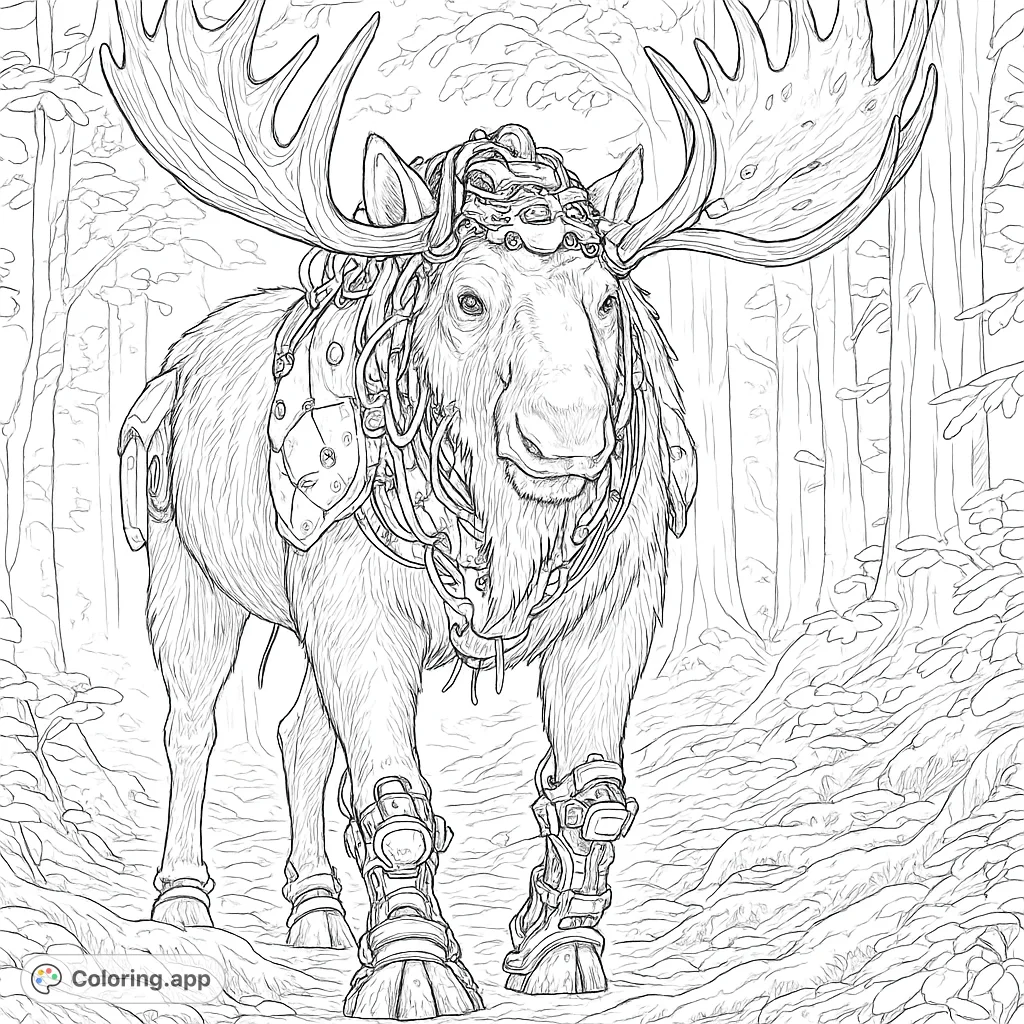 Explore an intricate futuristic moose coloring page, featuring a majestic creature adorned with detailed mechanical armor amidst a dense, textured forest setting.