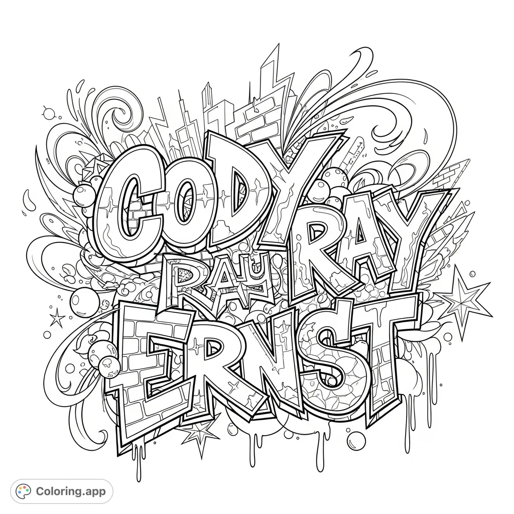 An elaborate graffiti-style coloring page featuring the name "Cody Ray Ernst" with dynamic letters, urban patterns, and energetic abstract shapes.