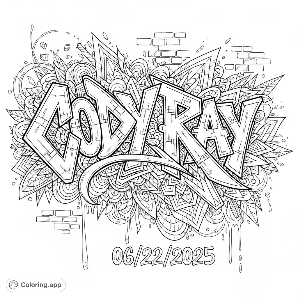An intricate graffiti memorial featuring 'Cody Ray' and '06/22/2025' with detailed urban patterns. A powerful tribute for personal reflection.