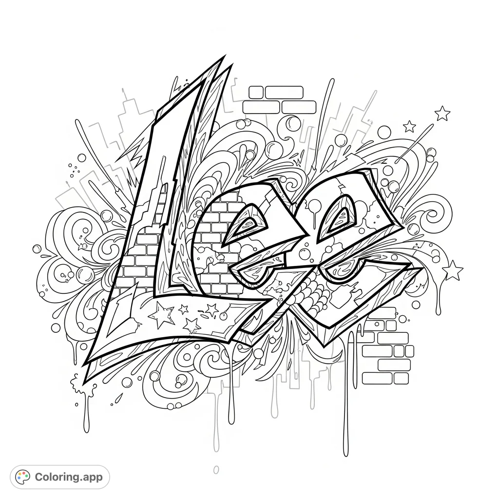 Unleash your creativity with this dynamic 'Lee' graffiti coloring page. Featuring elaborate lettering, urban textures, and intricate patterns for a true street art experience.