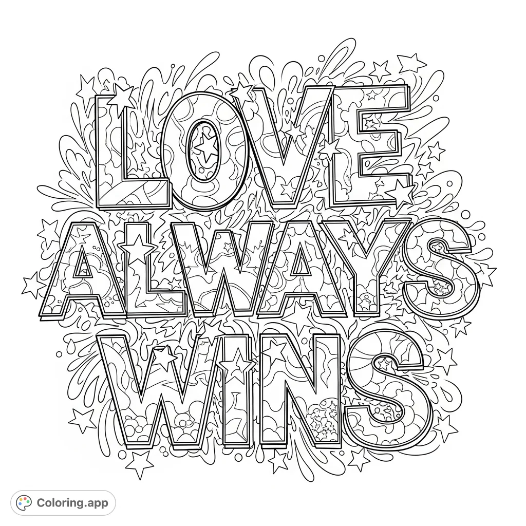 A dynamic graffiti-style coloring page featuring the powerful phrase 'Love Always Wins' with intricate abstract designs, swirls, and stars. A challenging and rewarding experience.