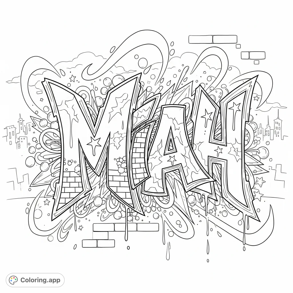 Unleash your creativity with this dynamic "Miah" graffiti coloring page. Features elaborate lettering, urban textures, and intricate patterns for an edgy artistic experience.