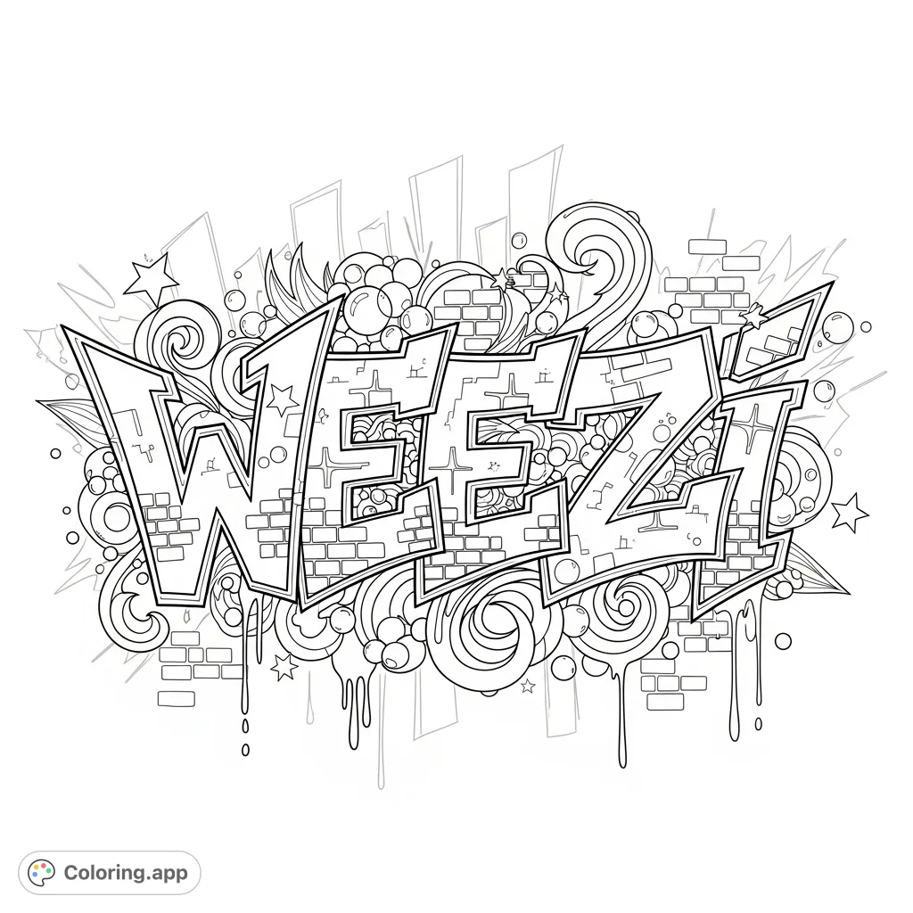 An elaborate graffiti-style "WEEZI" design with dynamic letters, swirling lines, intricate patterns, and urban background elements for a vibrant street art experience.