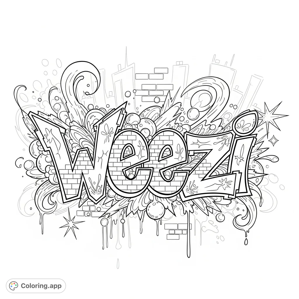Dive into the urban art scene with this elaborate 'weezi' graffiti coloring page. Featuring dynamic letters, intricate patterns, and street art elements.