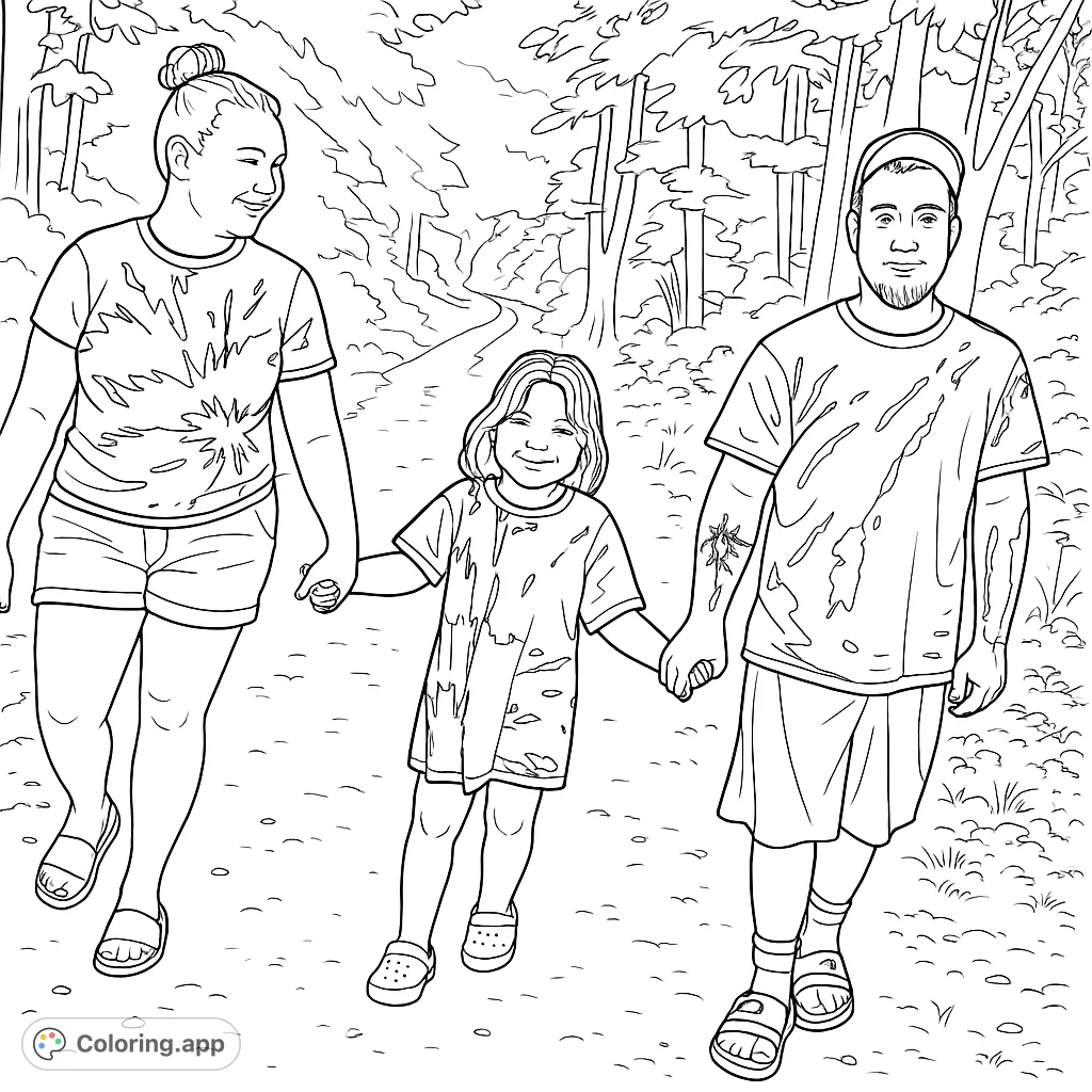 A heartwarming family forest walk coloring page featuring three figures holding hands on a scenic trail. Perfect for all ages to enjoy nature's beauty.