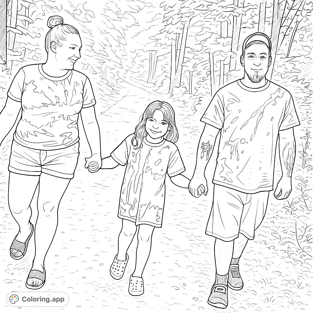A heartwarming family walk through a lush forest, featuring three individuals holding hands. Perfect for nature lovers and family bonding.