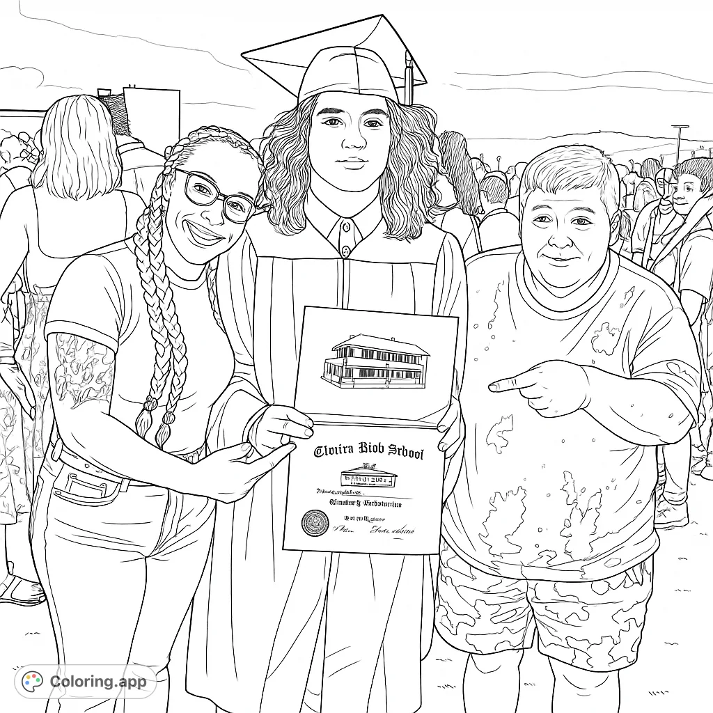 Celebrate a special milestone with this graduation day coloring page. Features a proud graduate with family, holding a diploma, surrounded by a festive crowd.