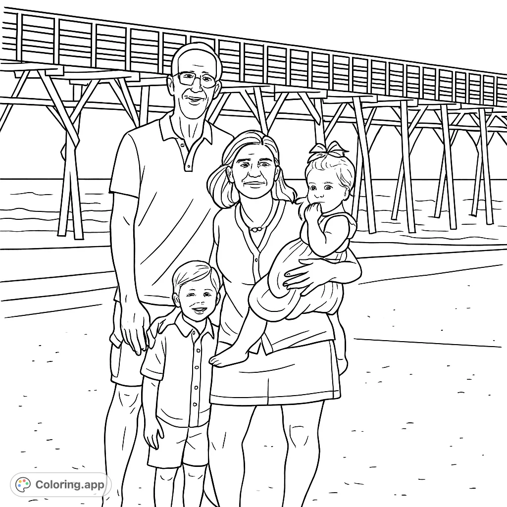 Capture a heartwarming family moment on the beach with a multi-generational group and a scenic pier background. Perfect for all ages.