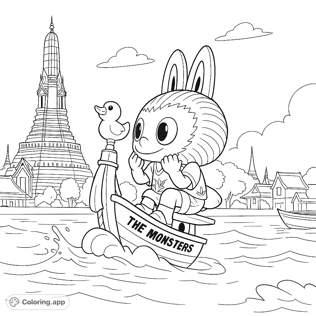 Join a charming, large-eared character on a whimsical boat adventure with a duck companion, set against a majestic temple backdrop. Perfect for creative coloring!