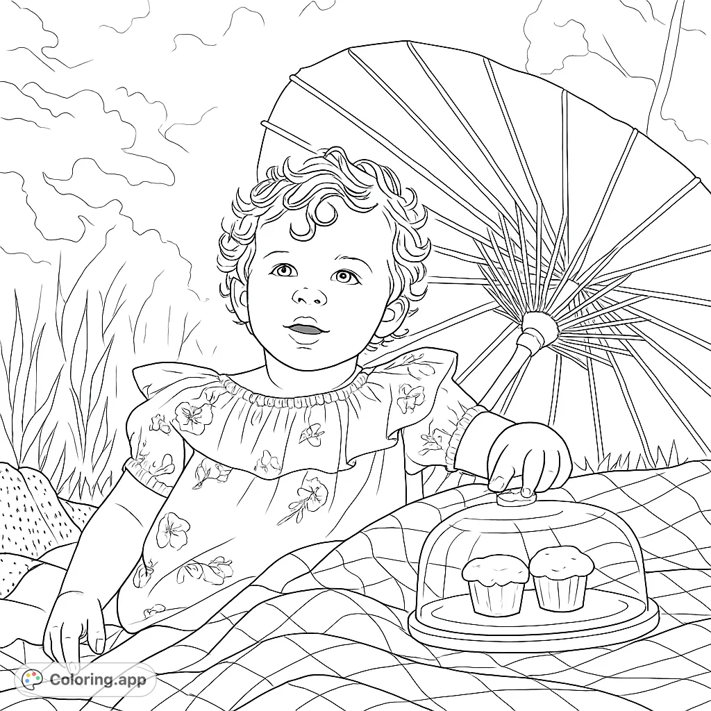 A charming picnic scene featuring a sweet child with curly hair, a parasol, and cupcakes. Perfect for a delightful coloring experience.