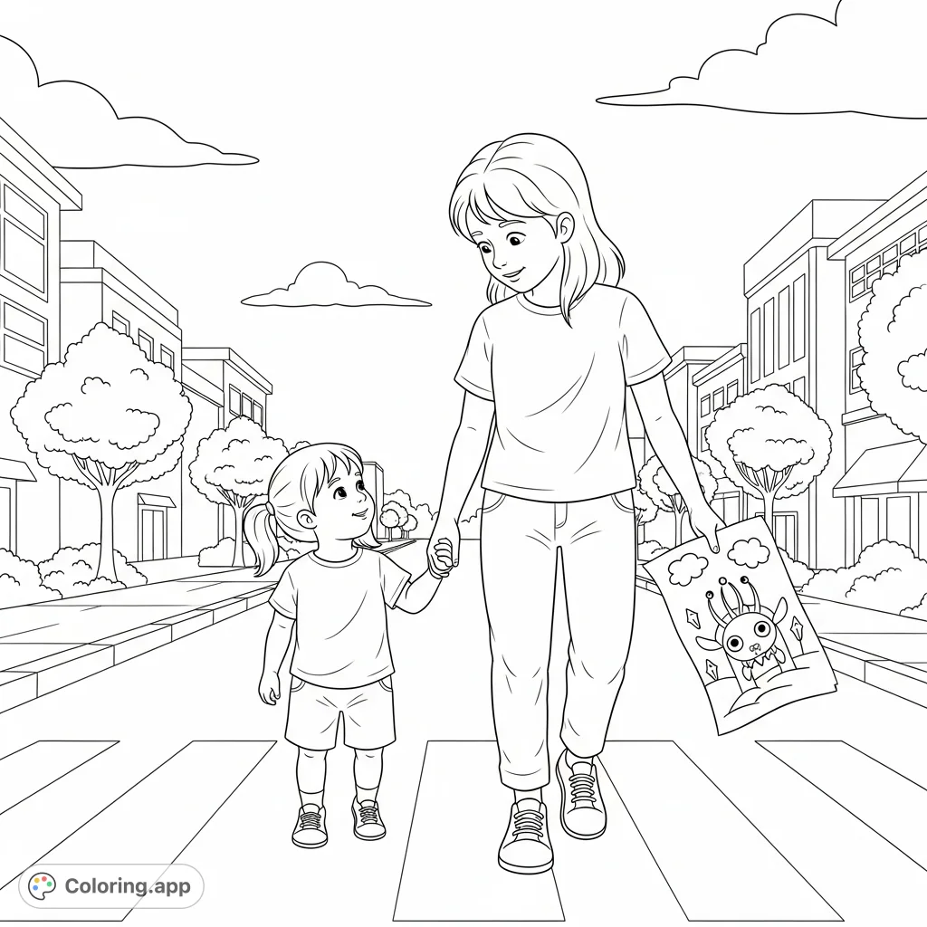 A heartwarming coloring page featuring a big sister and younger sibling holding hands, crossing a street, with a whimsical drawing showcasing imagination.