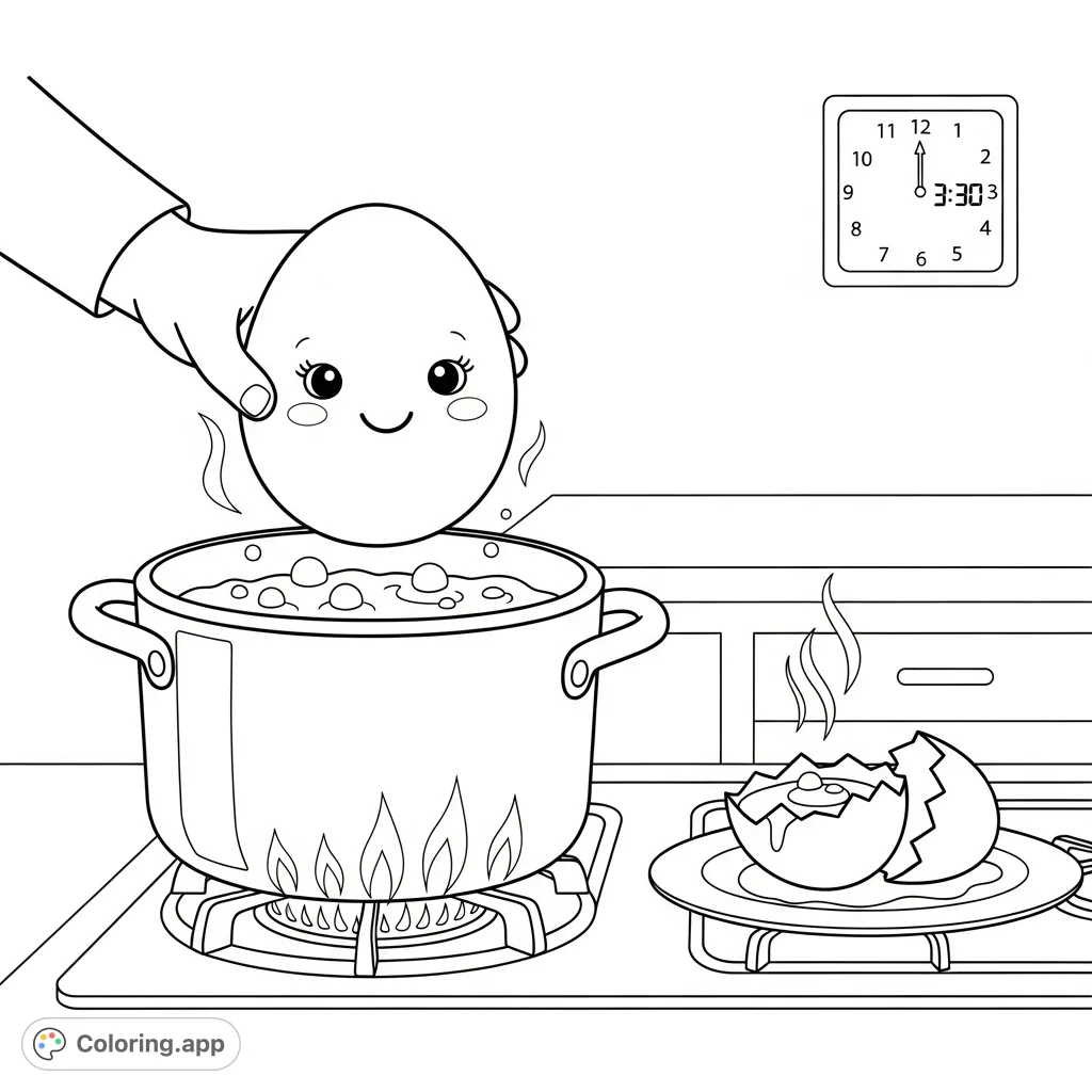 A delightful coloring page showing a friendly egg being boiled in a kitchen, perfect for teaching kids about cooking.