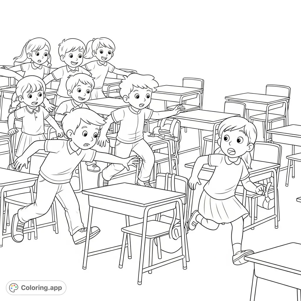 A lively classroom tag game featuring Stefano and friends, with a child playfully darting between desks, caught in a moment of surprise and fun.