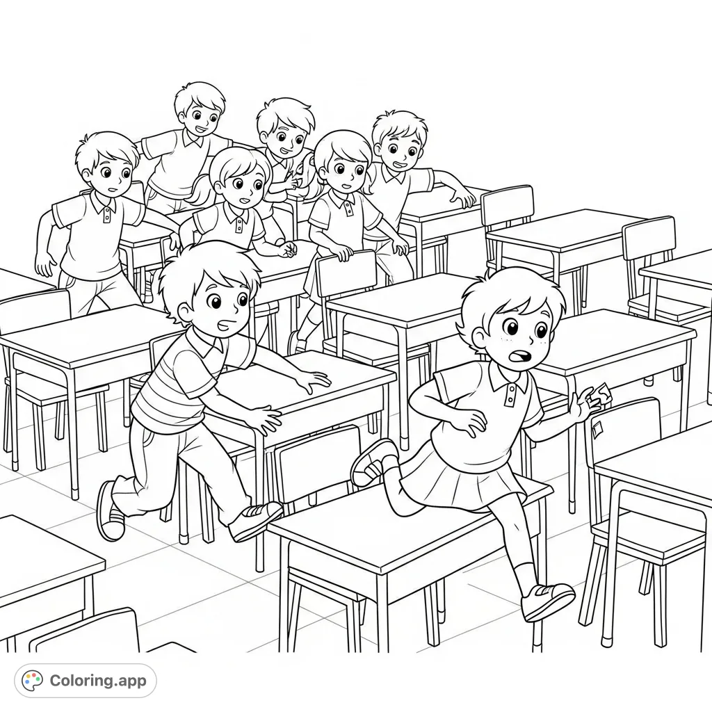 A lively classroom tag game featuring Stefano and friends, with a child playfully darting between desks, caught in a moment of surprise and fun.