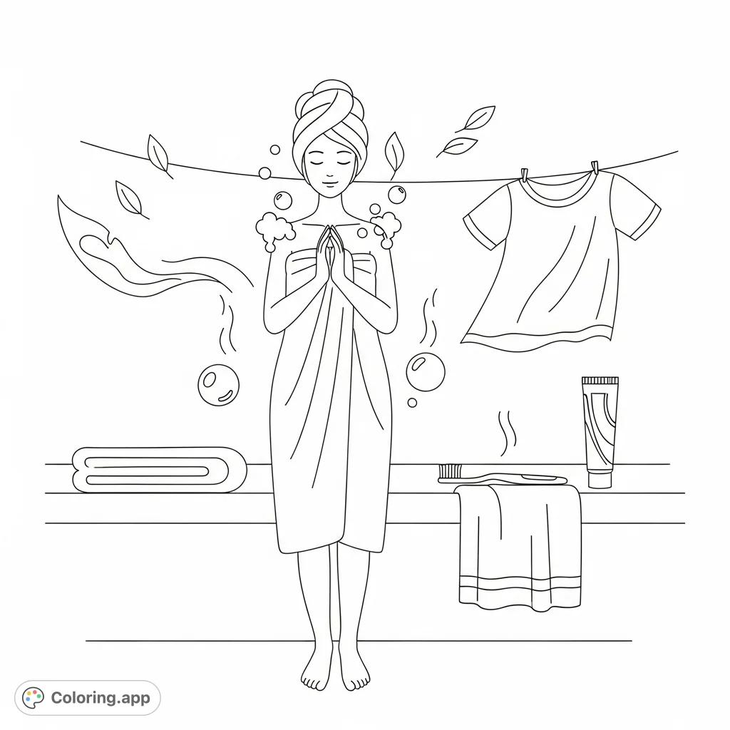 Discover the essence of natural freshness with this cleanliness coloring page. A serene figure surrounded by symbols of hygiene and purity.