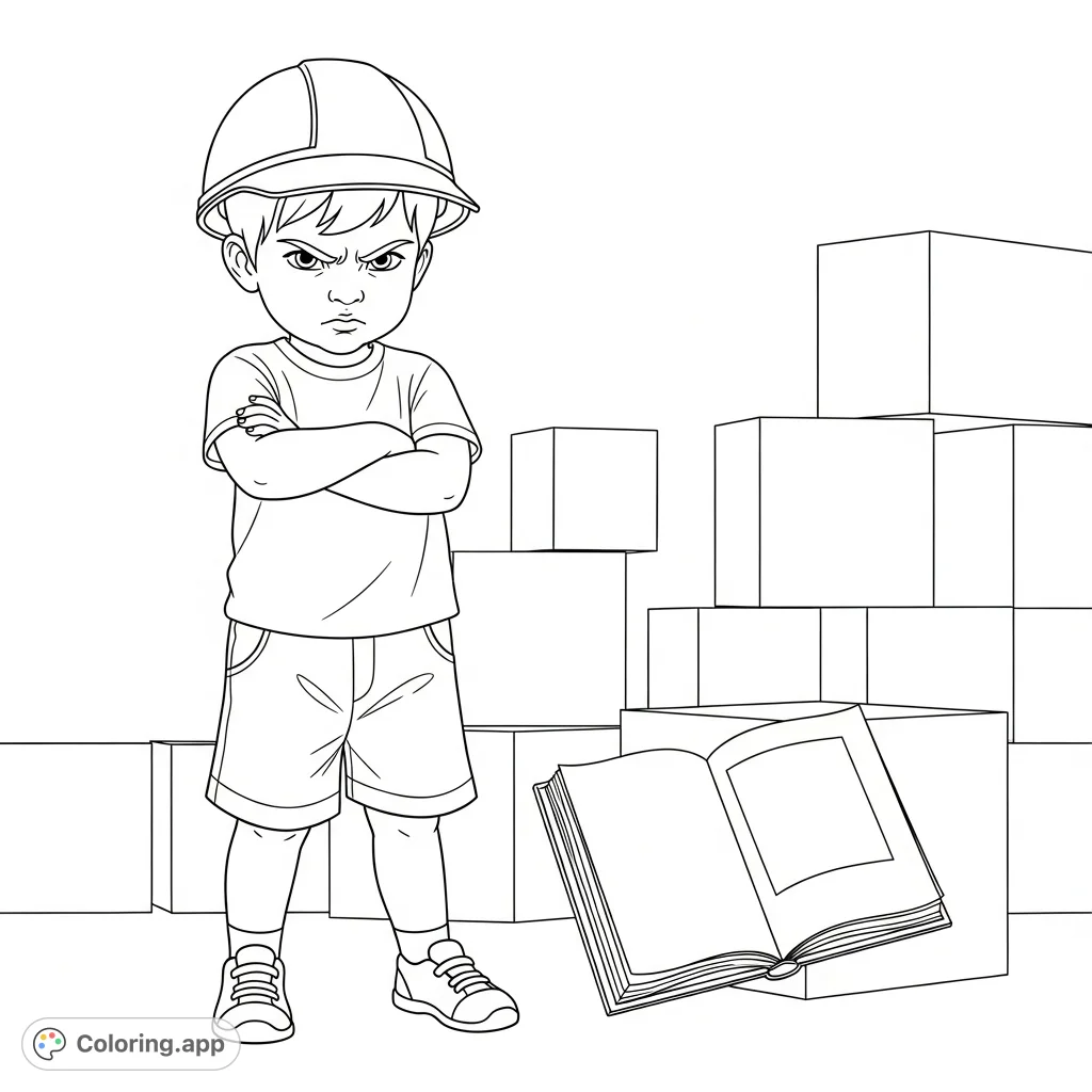 A focused child stands ready to tackle challenges in a construction-themed scene, embodying determination and hard work. Perfect for inspiring perseverance.