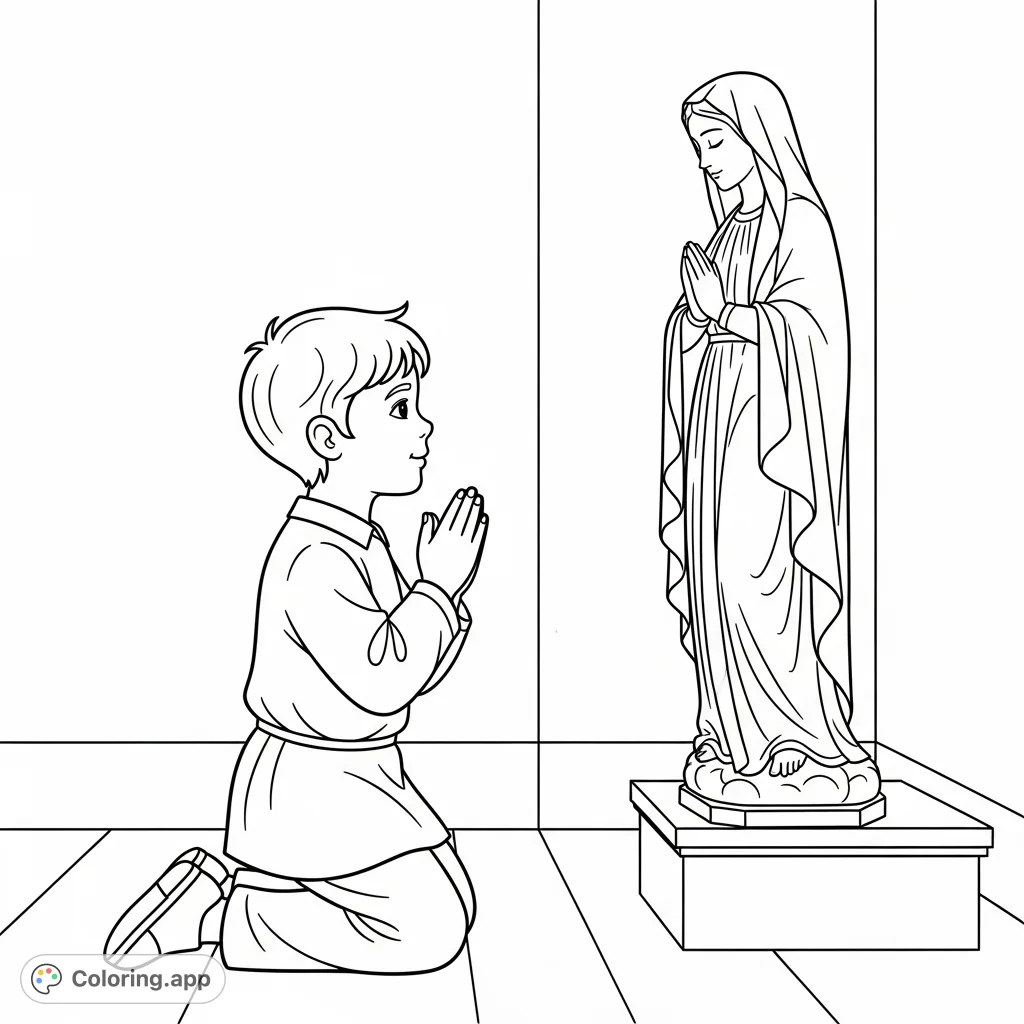 Join Fernandito in a heartfelt prayer, kneeling before a serene statue of the Virgin. A peaceful scene for reflection and gratitude, perfect for young colorists.
