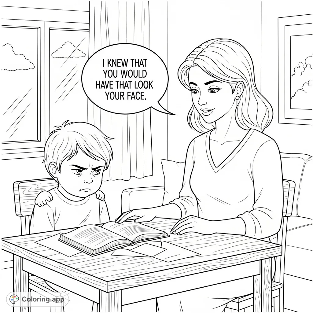A child frowns over studies as their mother offers comfort, with a speech bubble. This free printable family coloring page is perfect for kids.
