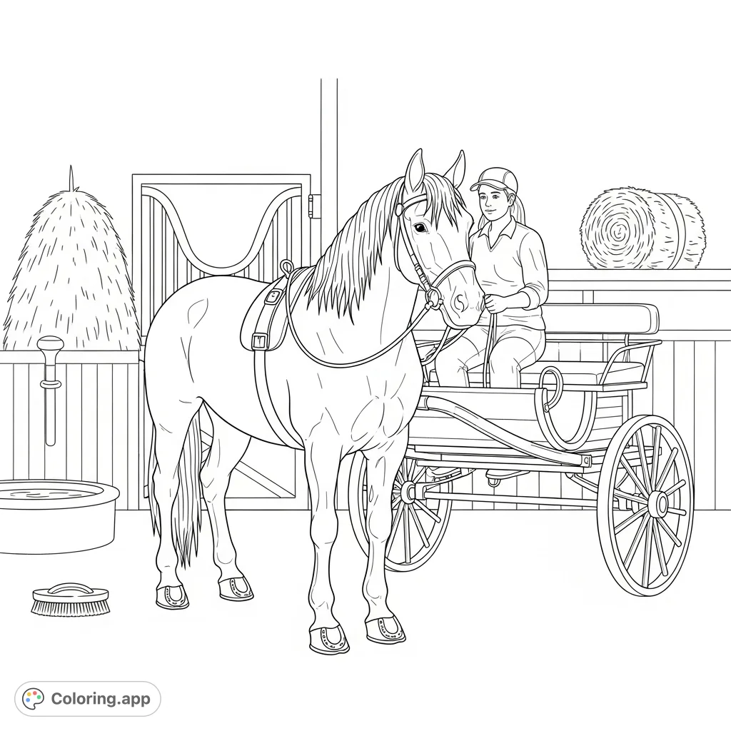 A detailed horse coloring page featuring a noble horse with a rider, a cart, and stable elements, perfect for young animal lovers and aspiring equestrians.