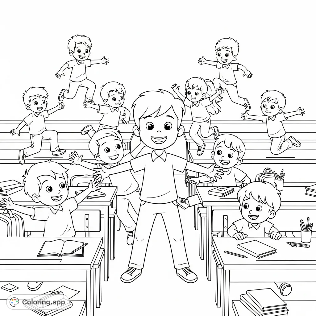 A lively children's coloring page featuring Stefano and friends engaged in a fun game of tag amidst desks and benches, perfect for young artists.