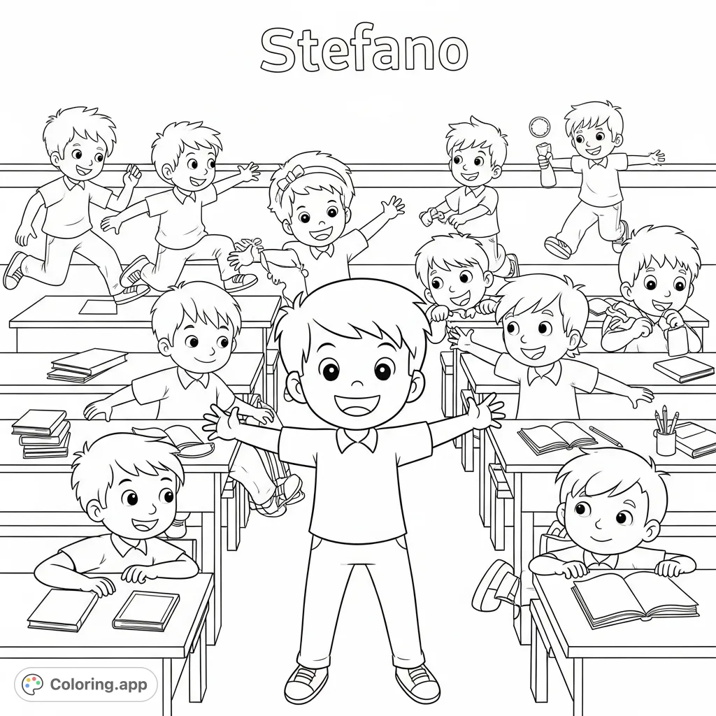 A lively children's coloring page featuring Stefano and friends engaged in a fun game of tag amidst desks and benches, perfect for young artists.