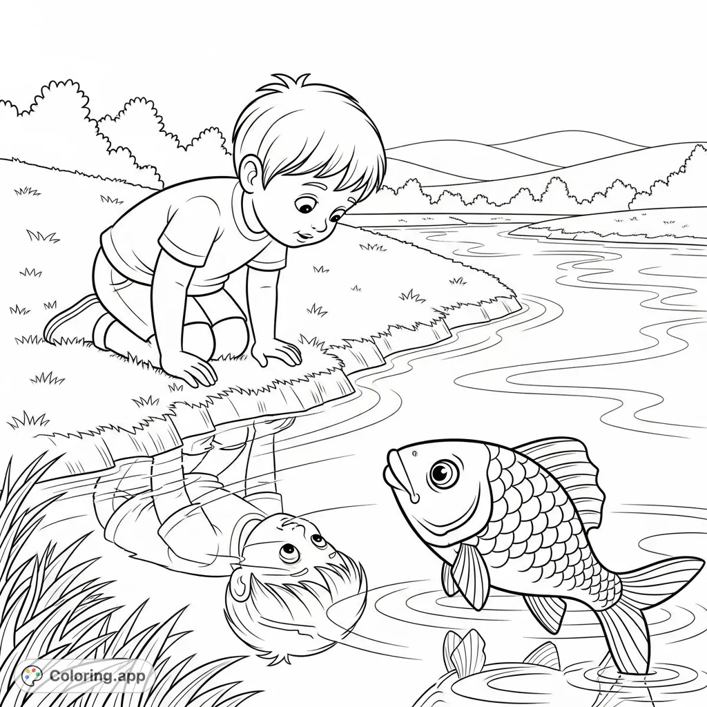 An enchanting river reflection coloring page featuring a child seeing their reflection transform into a fish, perfect for imaginative young artists.