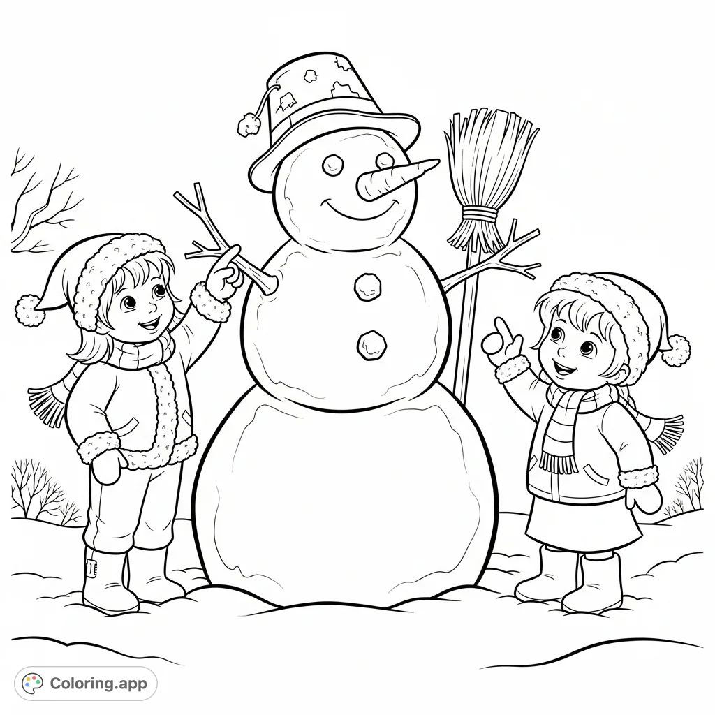 Join Christine and Carole with their charming snowman! This delightful winter scene features a classic snowman with a carrot nose, hat, and broom, perfect for creative fun.