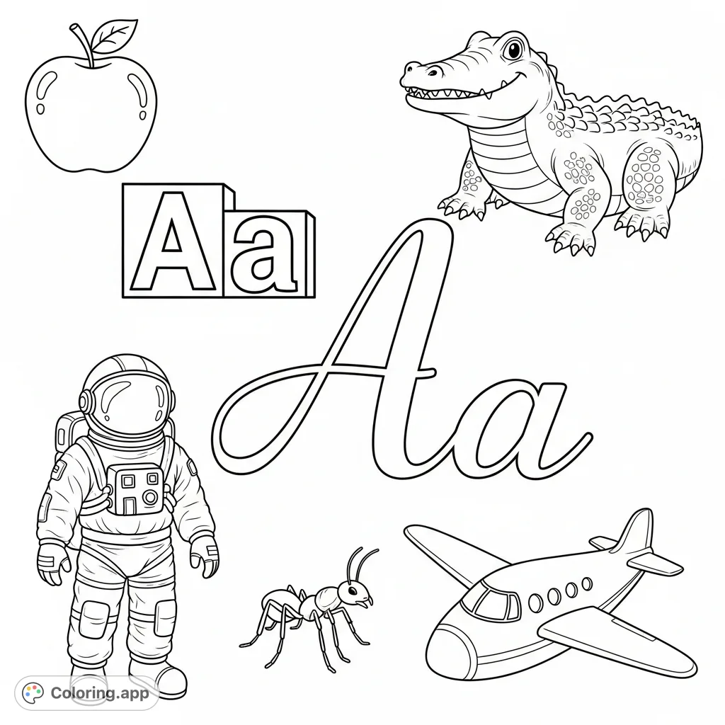 Explore the letter Aa with this engaging coloring page featuring both print and cursive forms, plus five delightful objects starting with 'A'.