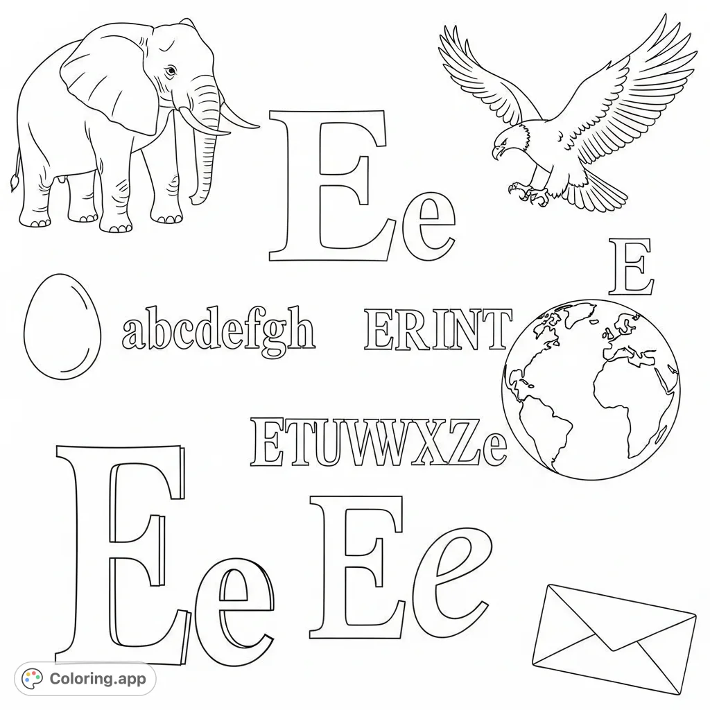 An educational Ee coloring page featuring upper/lower case print and cursive letters, surrounded by recognizable examples like elephant, eagle, and Earth.