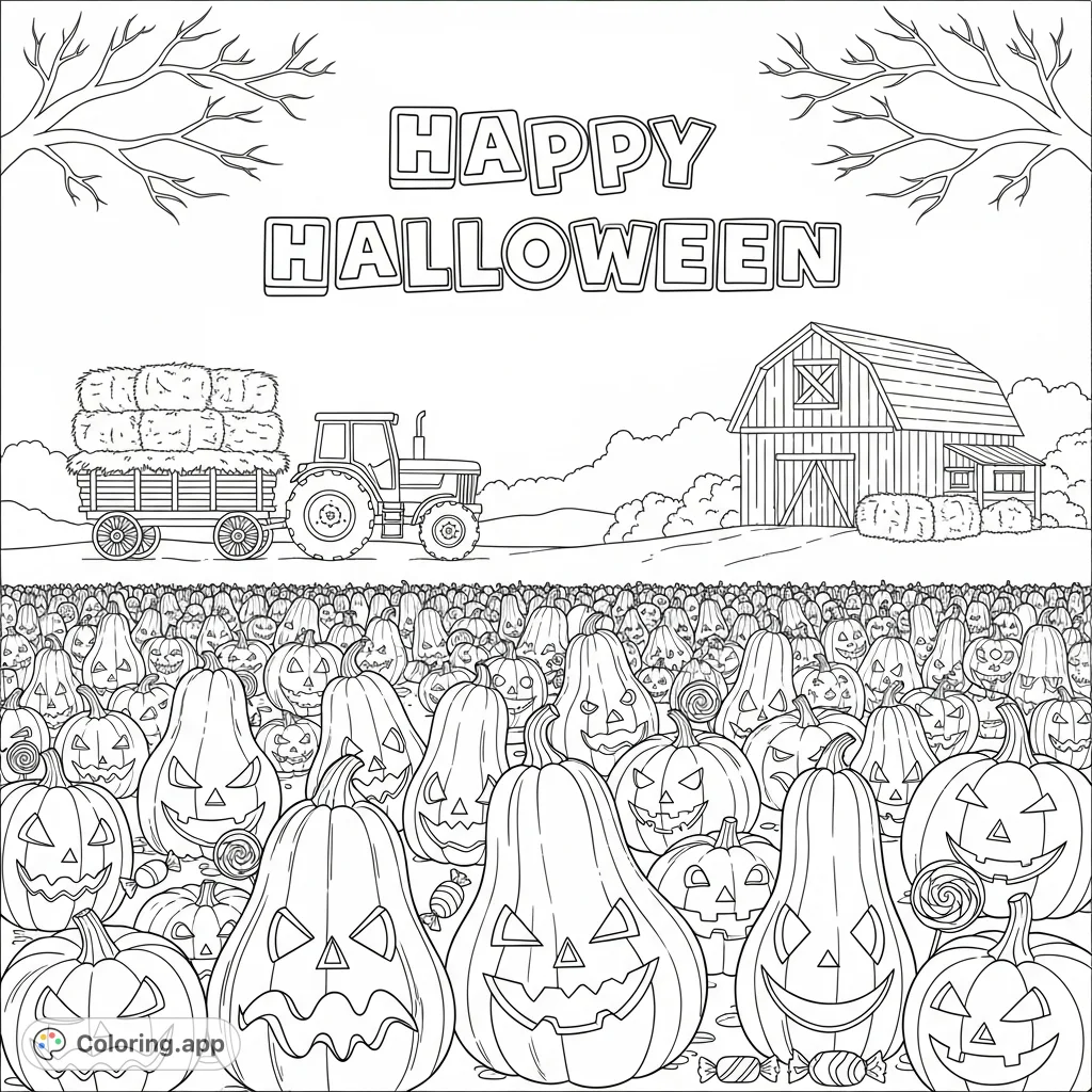 Celebrate Halloween with this delightful coloring page featuring a pumpkin patch, hayride, and scattered candies. Perfect for festive fun!