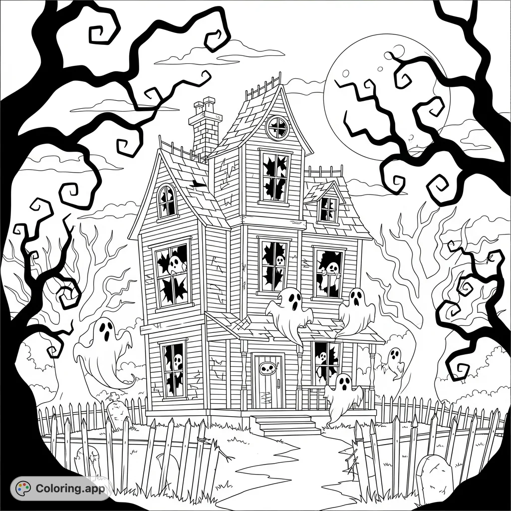 Explore a spooky season coloring page featuring a dilapidated haunted house, ethereal ghosts, and gnarled trees under a full moon. Perfect for Halloween fun!