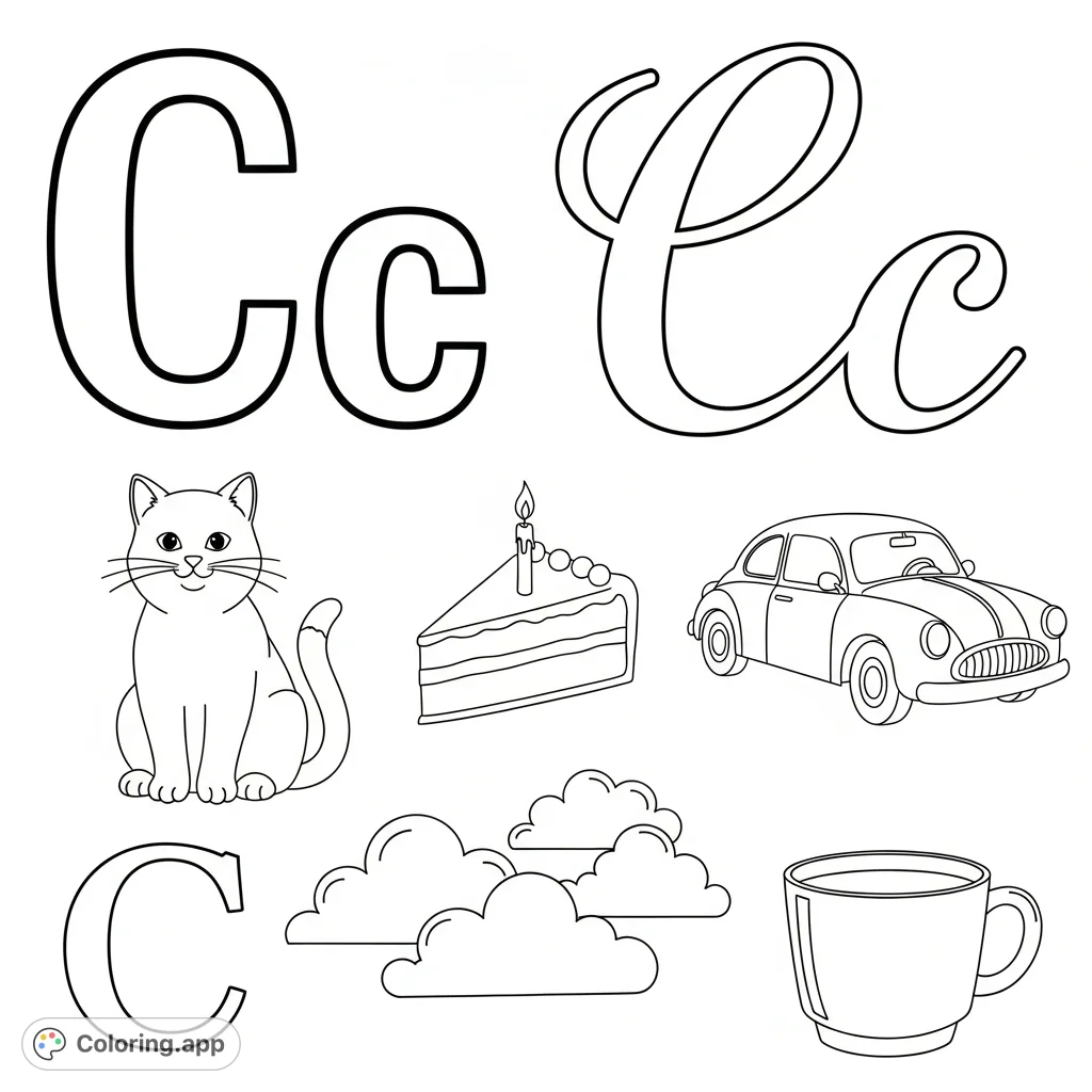 Discover the letter C with engaging print and cursive examples, alongside five fun objects starting with C. Perfect for early learning and creative coloring!
