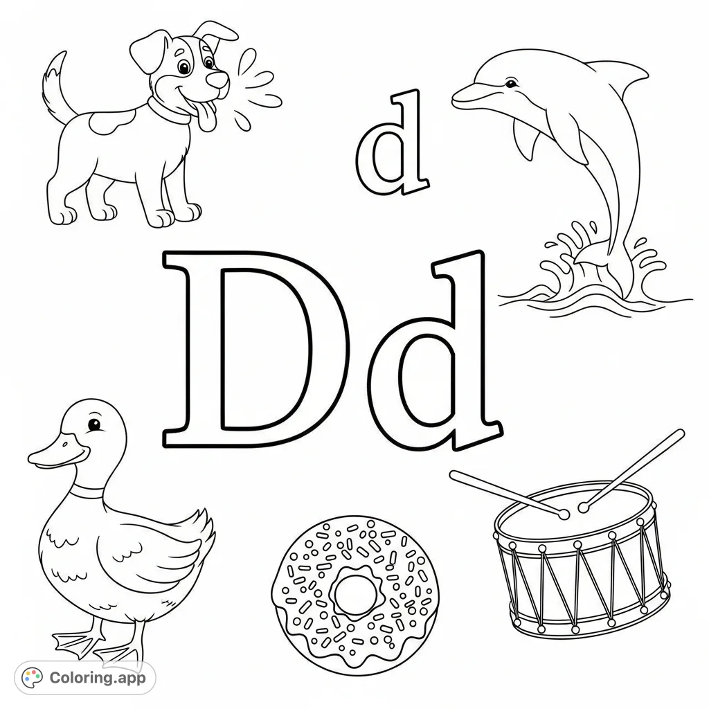 Explore the letter Dd with this engaging coloring page! Features print and cursive forms, plus five delightful examples: dog, duck, dolphin, drum, and donut.