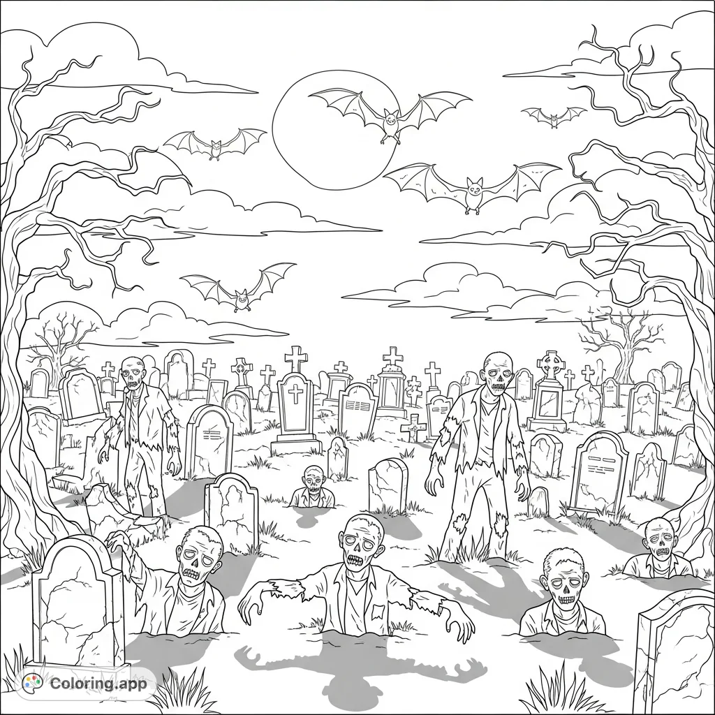 Explore a spooky graveyard scene under a full moon, featuring eerie headstones, soaring bats, and multiple zombies emerging from the ground. Perfect for Halloween!