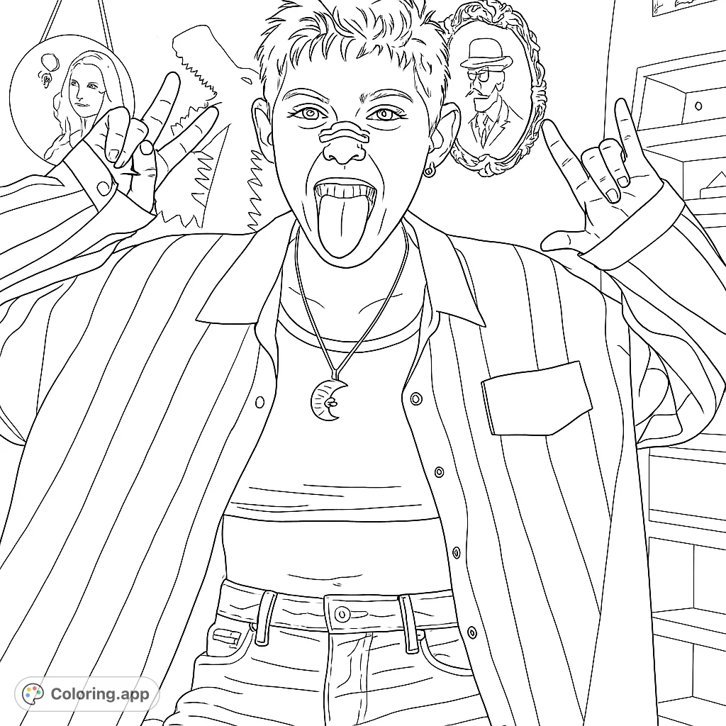 Capture a moment of playful rebellion with this expressive character making rock-and-roll gestures. Perfect for creative expression and unique coloring fun.