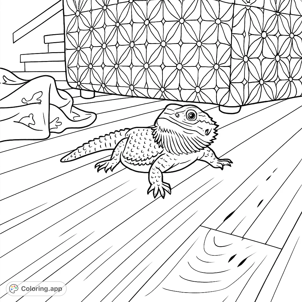 A detailed bearded dragon rests on a wooden floor, with a patterned container in the background. Perfect for reptile enthusiasts to color and enjoy.