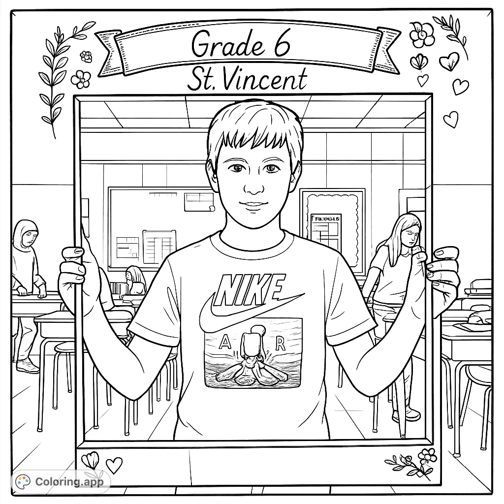 Capture a school memory with this student in a decorative frame coloring page. Features a young person, an ornate frame, and a classroom setting.