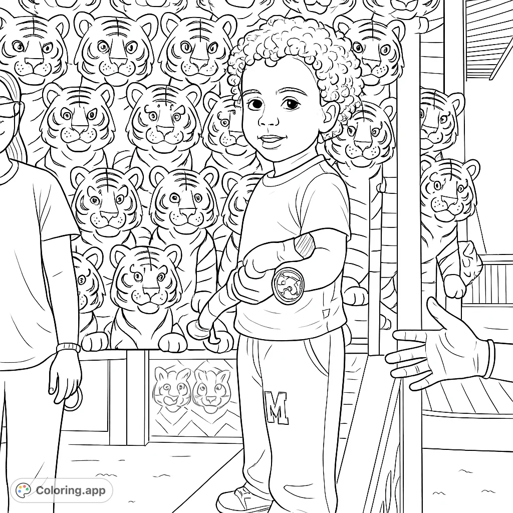 A charming boy holds a prize at a lively carnival game booth, surrounded by plush animals and playful tigers. A fun, free printable coloring page.