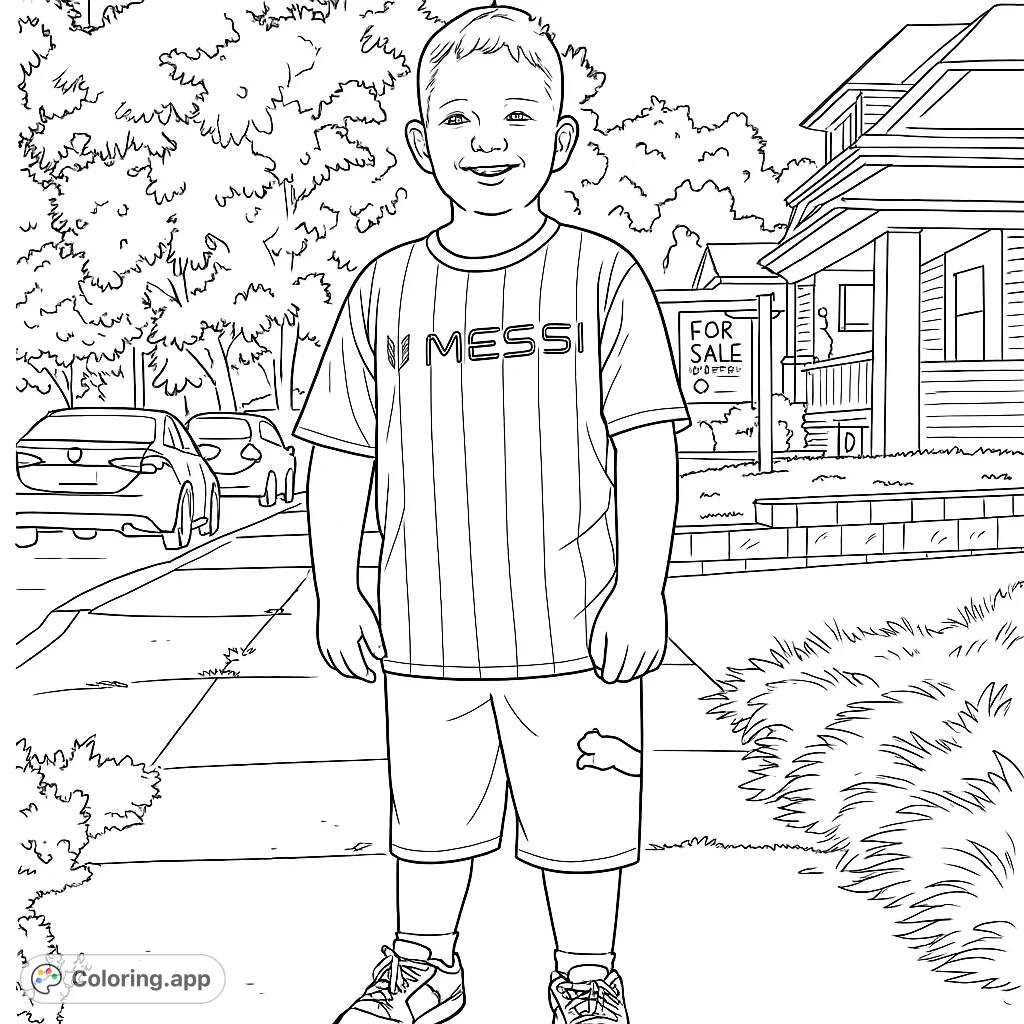 A cheerful boy stands on a sidewalk, ready for adventure. Features a detailed background with houses, trees, and cars, perfect for a fun coloring experience.