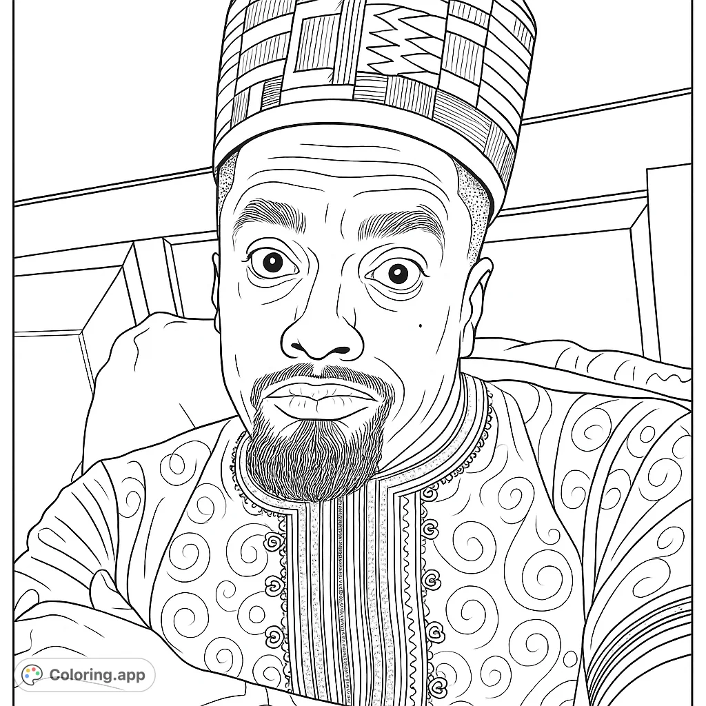 An expressive figure in a patterned hat and intricately embroidered tunic, offering a unique cultural coloring experience. Perfect for detailed artistic exploration.