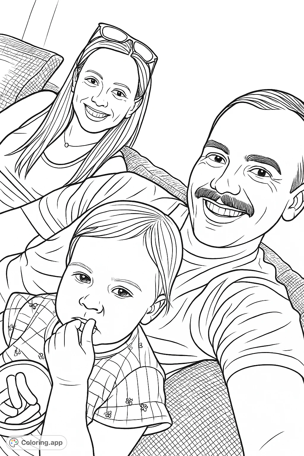 Capture a heartwarming family moment with a smiling couple and their child enjoying snacks on the sofa. A delightful scene for all ages to color.