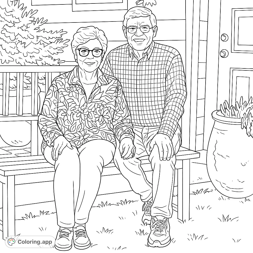 Capture the warmth of a smiling older couple seated on a bench, surrounded by a cozy home exterior. A delightful scene for all ages to color.