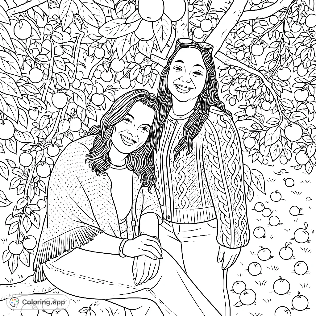 Capture the joy of friendship in an apple orchard. Two smiling women surrounded by abundant fruit and foliage, perfect for a relaxing coloring experience.
