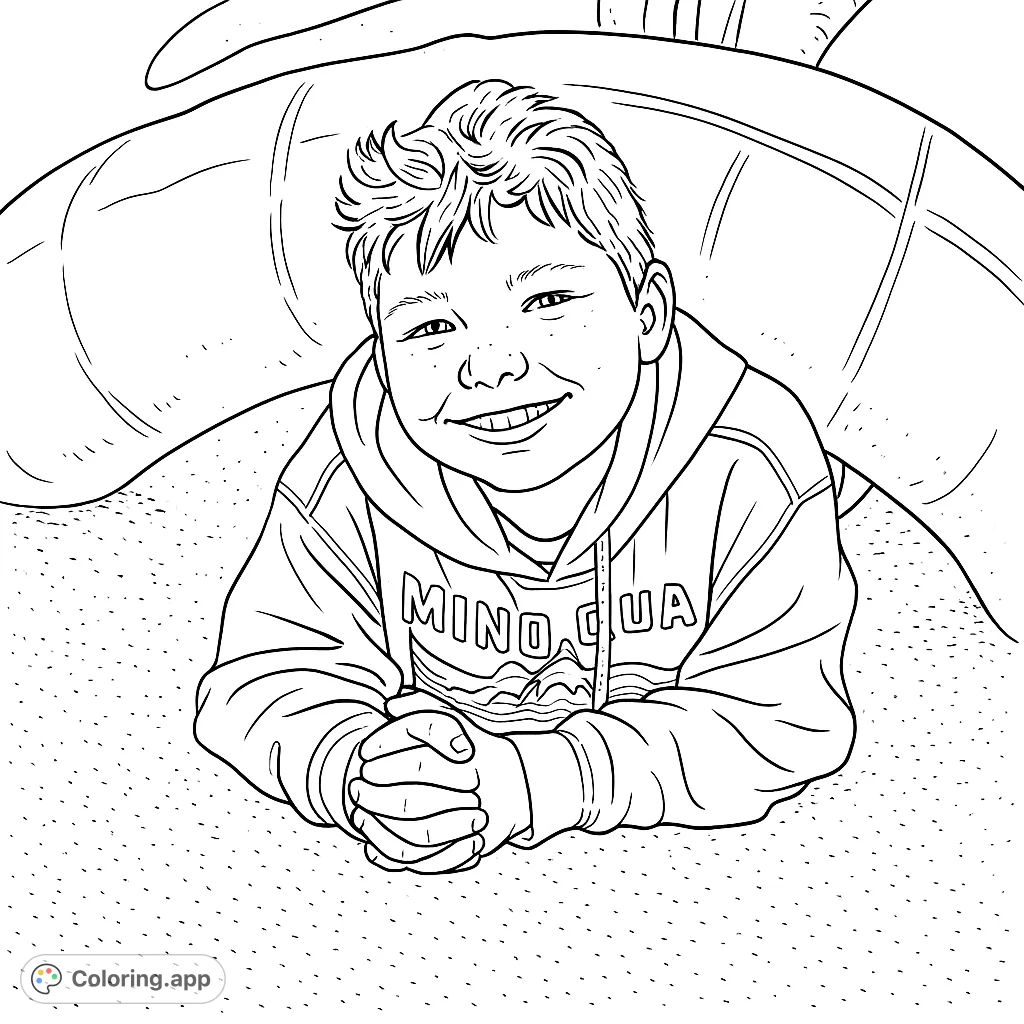 A cheerful boy smiles while lying on a textured ground, hands clasped. A large, curved structure forms the background, inviting creative coloring.