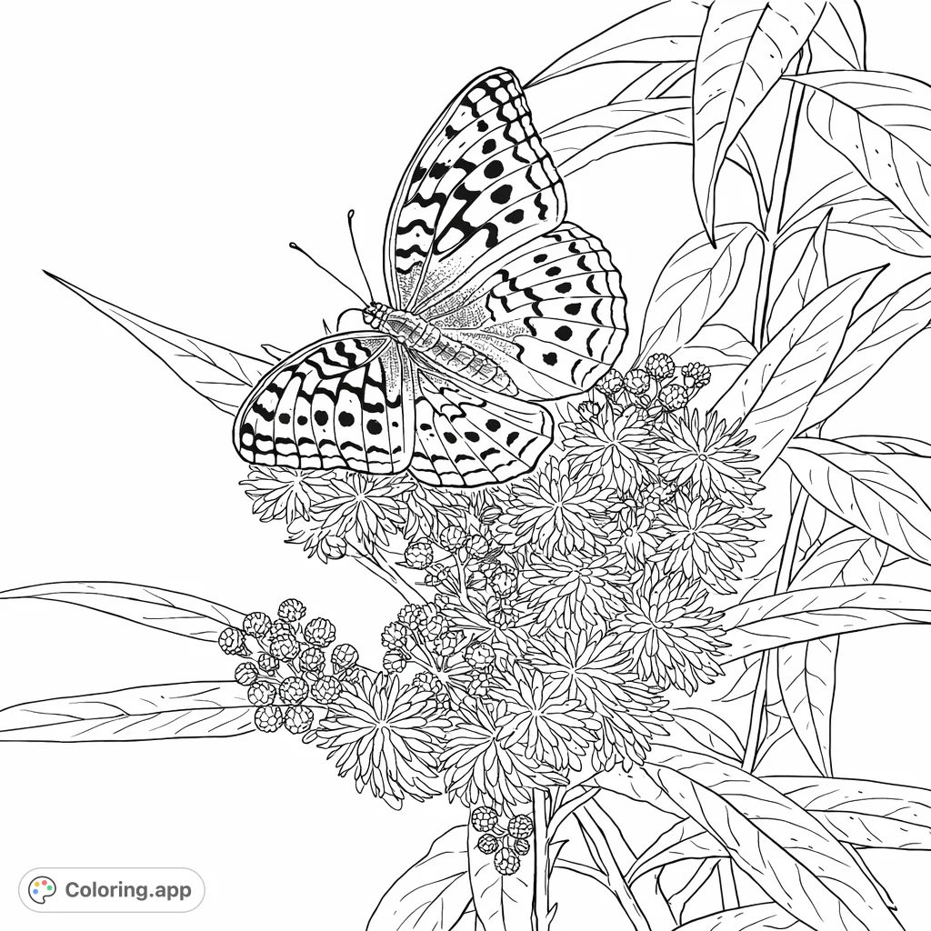 Capture the delicate beauty of a butterfly perched on a cluster of intricate flowers amidst lush foliage. A detailed nature scene awaits your creative touch.