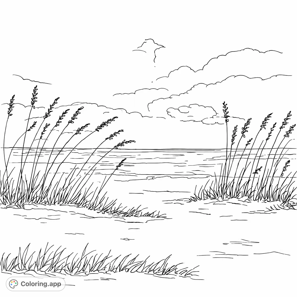 Discover a serene beach scene with swaying sea oats, sandy dunes, and the vast ocean stretching to the horizon. Perfect for a calming coloring experience.