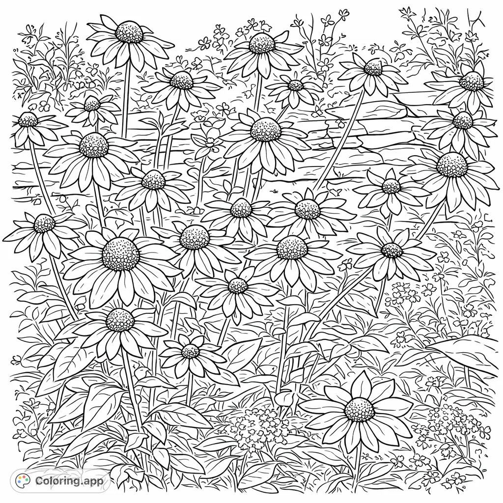 Explore a lush coneflower garden, featuring abundant blooms with textured cones and radiating petals, set against a backdrop of foliage and a stone wall.