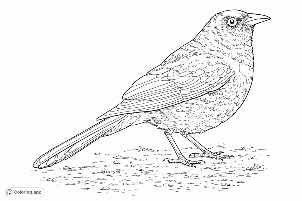 Discover a realistic grackle bird coloring page! Focus on intricate feather details and the natural environment in this engaging printable.
